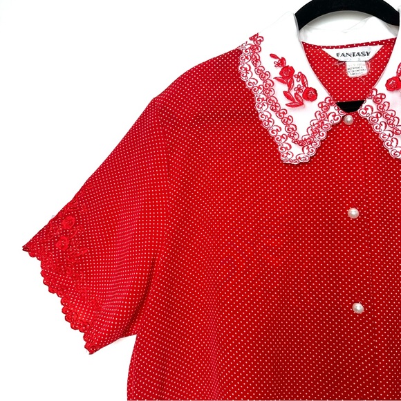 Vintage Retro Lolita Polka Dot Blouse Feminine Coquette Girl Embroidered Collar - Picture 5 of 11